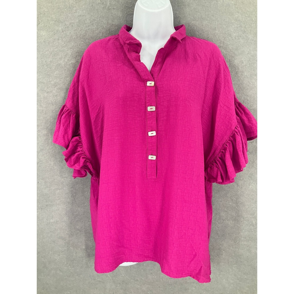 John Mark Womens XS Button Down‎ Shirt Ruffle Sleeve Pink Blouse Colorful Boho
